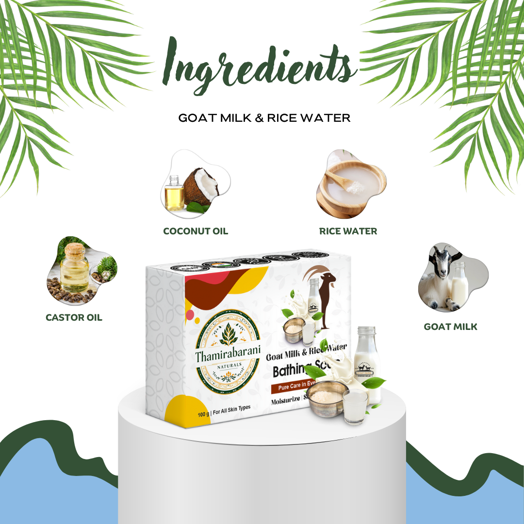 Thamirabarani Naturals Goat Milk & Rice Water Bathing Soap – Moisturize, Soothe & Soften (100g)